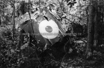 Bildunterschrift: "Der 2. abgeschossene engl. Aufklärer". Das Foto zeight einen deutschen Soldaten neben Trümmern eines englischen Aufklärers in einem Waldstück am Voßberg bei Rieste. Die Maschine wurde am 28. September 1939 von Flugzeugen des Jagdgeschwaders 1 aus Vörden abgeschossen. Flugzeug-Trümmer am Voßberg