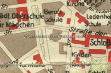 Bildausschnitt aus einem Stadtplan von 1943. In der Bildmitte ist das Gebäude des "Großen Klubs" abgebildet. Es wurde am 26.6.1942 durch Fliegerbomben zerstört. Heute steht hier ein Hotel. Innenstadtausschnitt Stadtplan Osnabrück 1943