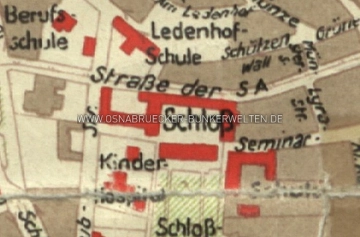 Bildausschnitt aus einem Stadtplan von 1943. In der Bildmitte ist das Schloß, darüber die "Straße der SA" (Neuer Graben) zu erkennen. Innenstadtausschnitt Stadtplan Osnabrück 1943