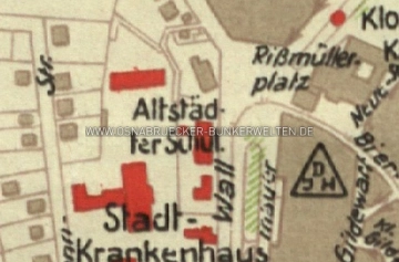 Ausschnitt aus einem Stadtplan von 1943 vom Bereich des Rißmüllerplatzes und des ehemaligen Stadtkrankenhauses. Innenstadtausschnitt Stadtplan Osnabrück 1943