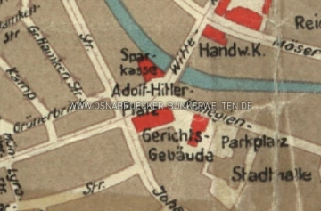 Der Adolf-Hitler-Platz in Osnabrück, entnommen aus dem amtliche Stadtplan von 1943. Innenstadtausschnitt Stadtplan Osnabrück 1943