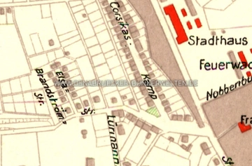 Ausschnitt aus dem Plan der Stadt Osnabrück aus dem Jahr 1948. Quer durchs Bild verläuft von Oben nach Unten der Corsicaskamp und mündet dort in der Gutenbergstraße. Auf der hier im Plan verzeichneten und noch heute vorhandenen Grünfläche muss sich damals der Deckungsgraben befunden haben. Ausschnitt Stadtplan Osnabrück 1948