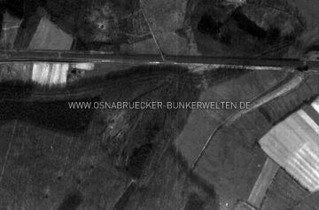 US-Luftaufnahme vom nördlichen Bereich des Hörner Bruchs aus dem Frühjahr 1945. Durch das fehlende Blätterwerk sind die Trassen im Wald auf diesem Foto gut erkennbar. US-Luftaufnahme Hörner Bruch 1945