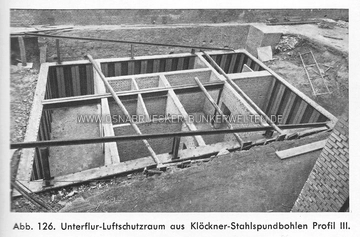 Abbildung aus einem Produkt-Handbuch der Köckner-Werke Osnabrück. Bildunterschrift: Unterflur-Luftschutzraum aus Klöckner-Stahlspundbohlen Profil III. Produkt-Handbuch Köckner-Werke Osnabrück